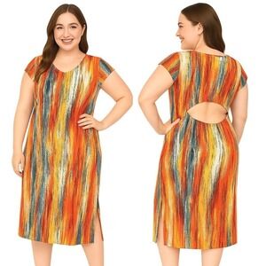 B Famous New Abstract Brushstroke Bodycon Midi Dress Large Cutout Back Side Slit